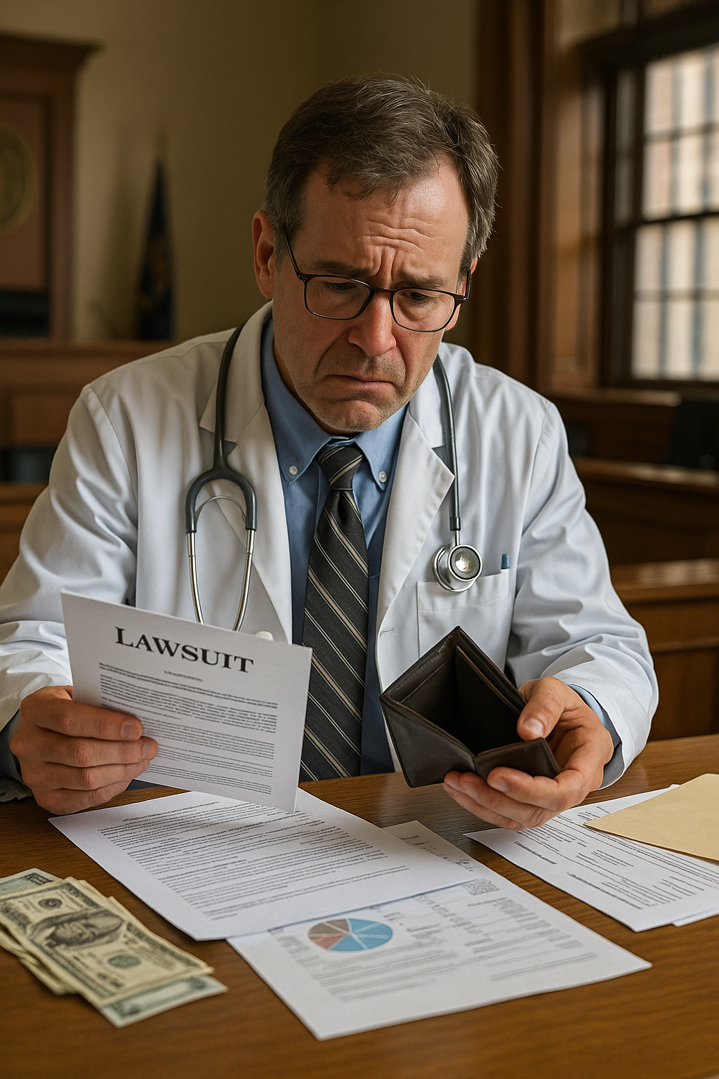 immagine realistica che ritrae un medico seduto alla scrivania, visibilmente preoccupato mentre legge una denuncia legale e mostra un portafoglio vuoto, simbolo della mancanza di copertura assicurativa.